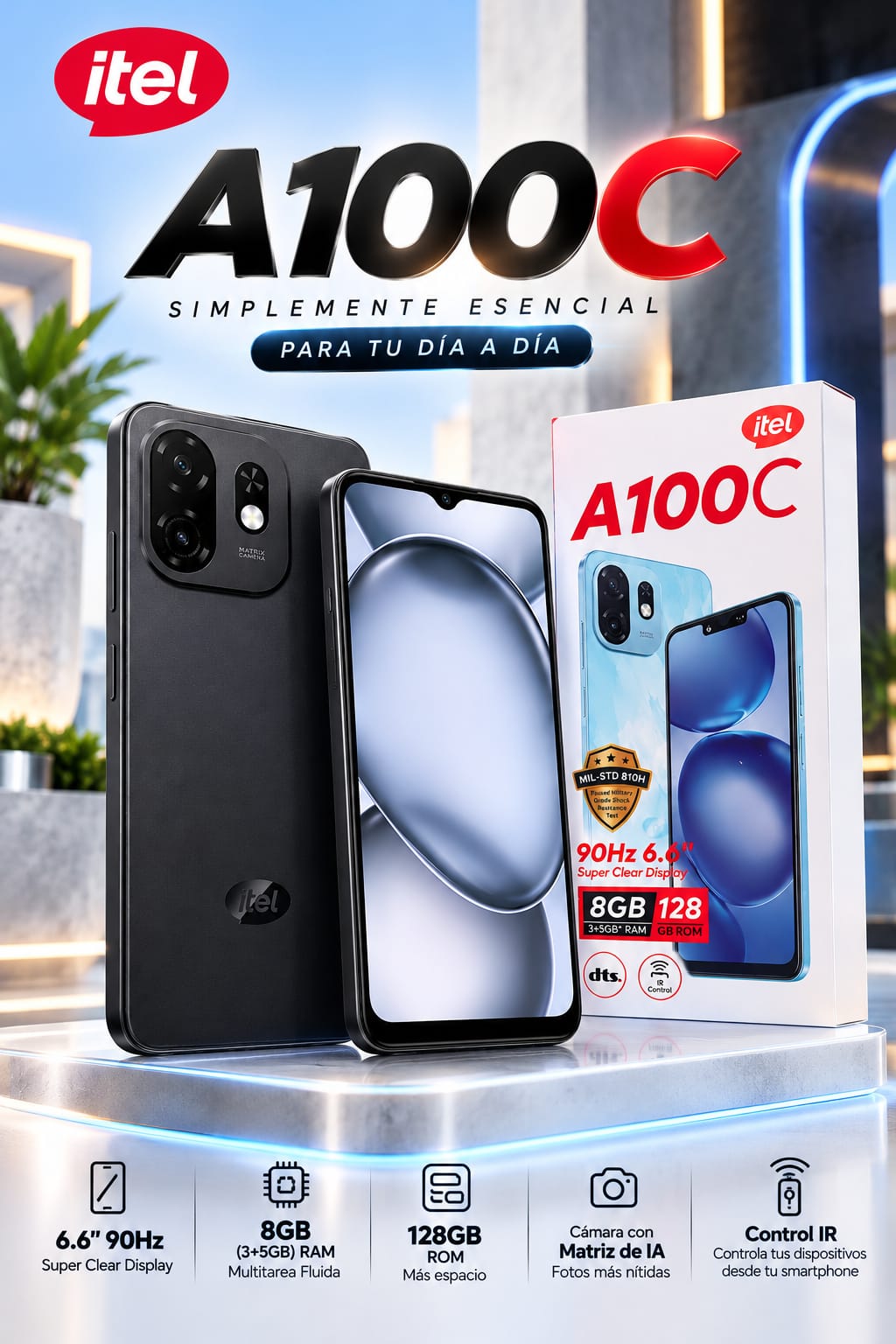 itel A100C Pure Black 8GB(3+5)+128GB